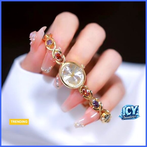 Gold Tone Quartz Wrist Watch with Vintage Bracelet and Jade Oval Dial main image 4